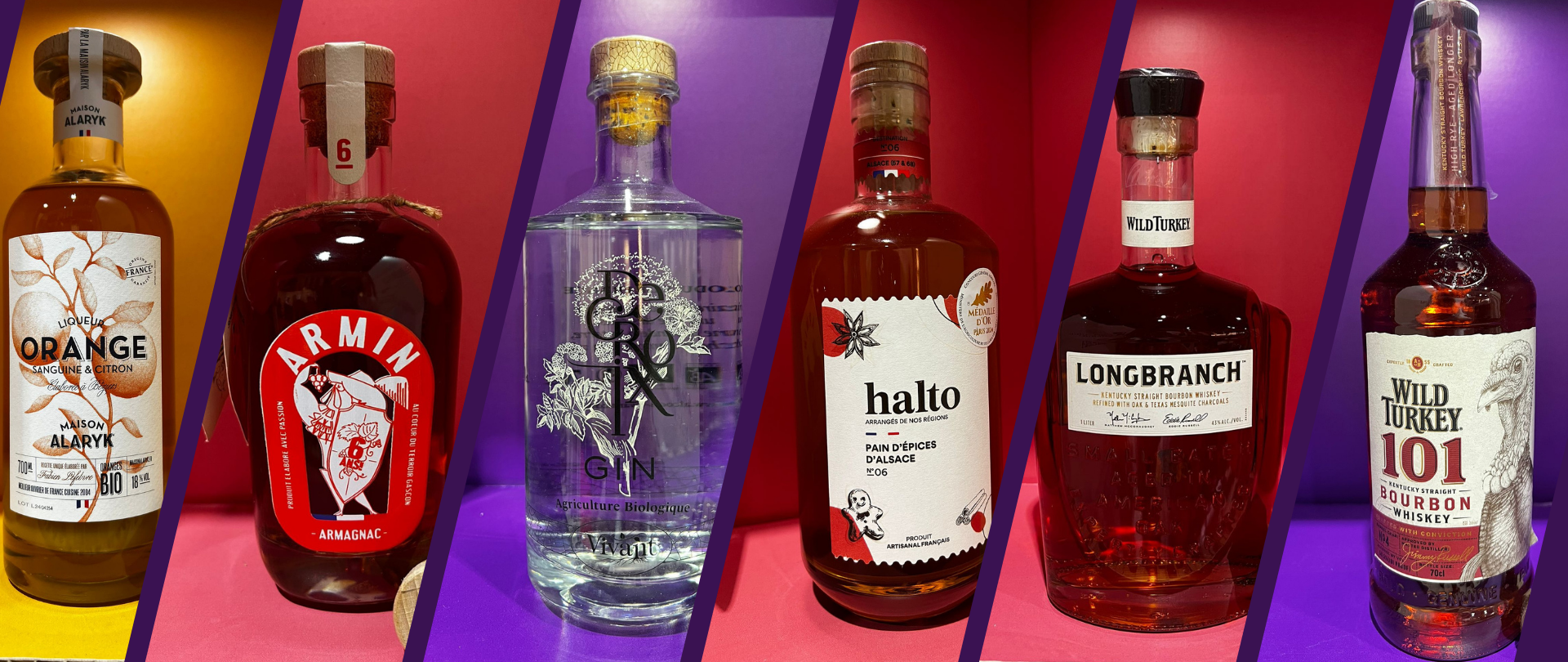 Exemples de packagings premium de spiritueux illustrant la diversité des bouchons à tête (liqueur, armagnac, gin, whisky, bourbon)